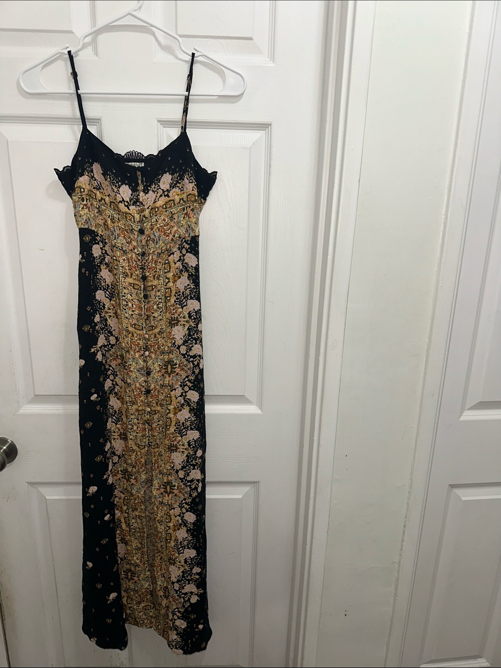 Black Floral Slip Maxi Dress with Gold and Cream Print Lace Back